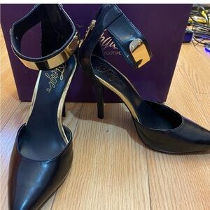 Fergie Black and Gold Ankle Strap Heels